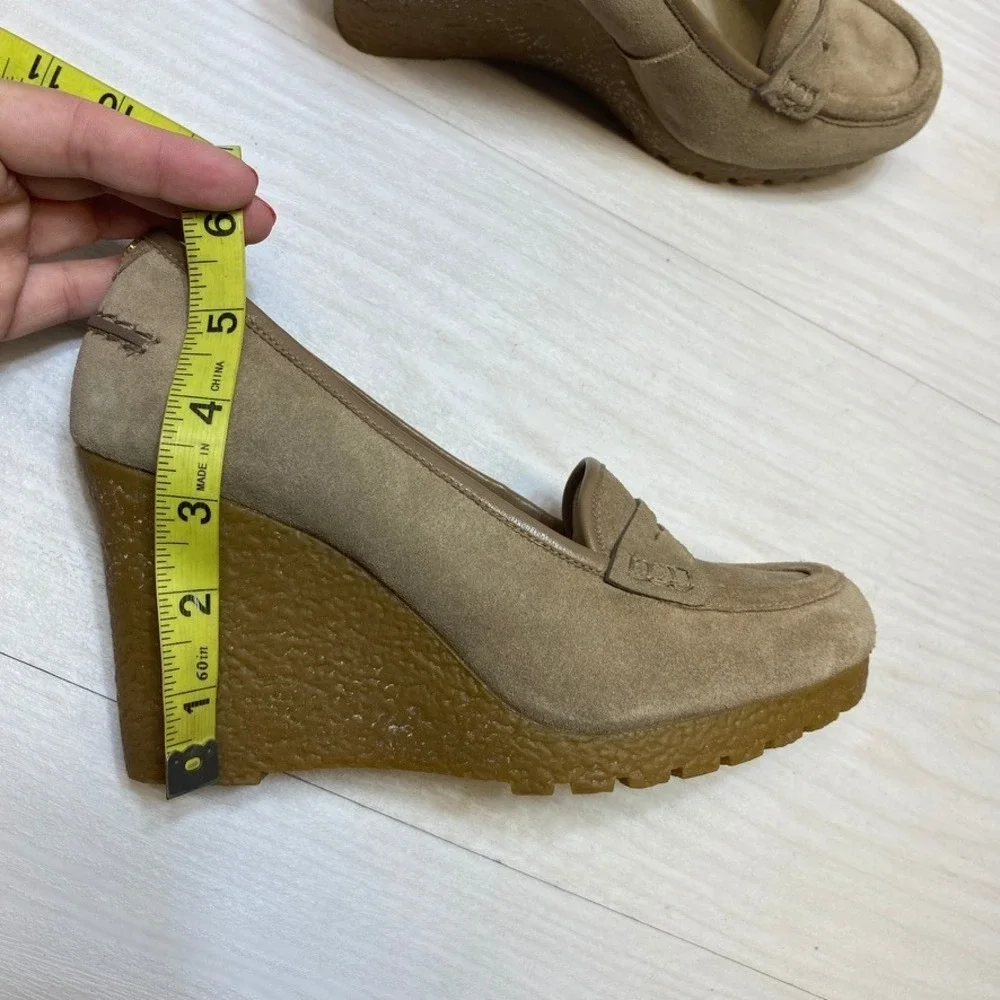 Michael Michael Kors Tan Suede Penny Loafer Wedge Heels Lug Sole‎ Womens 7.5M